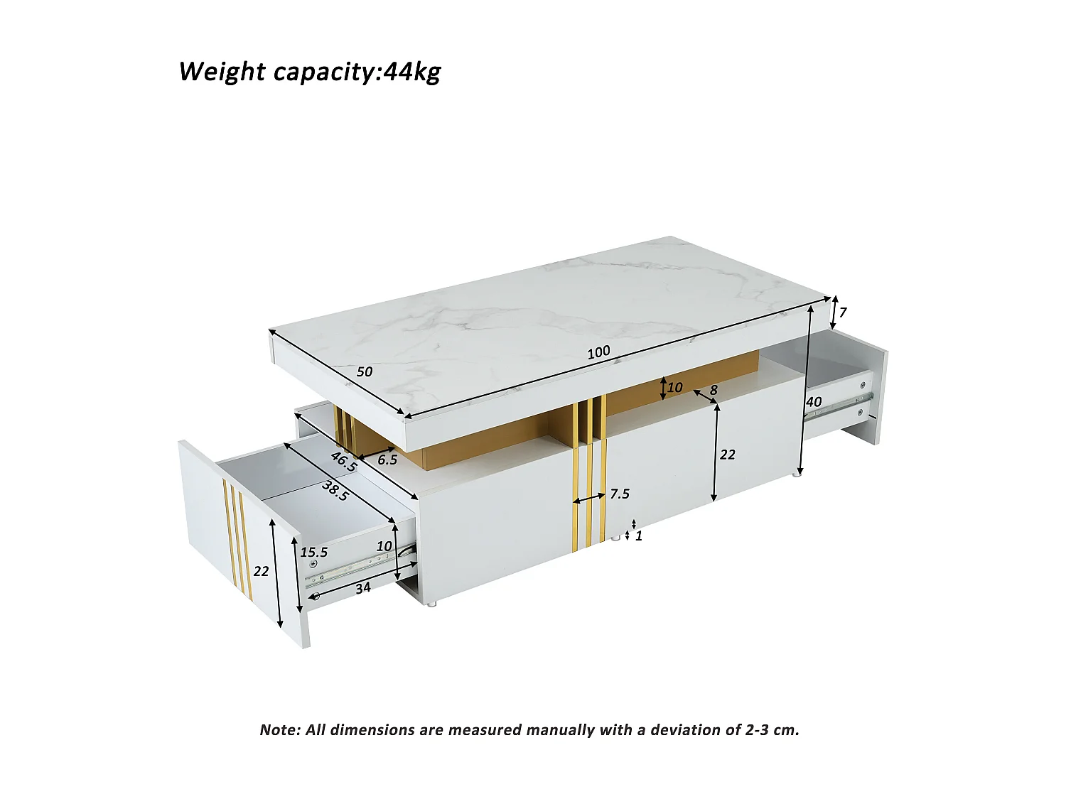 Table basse rectangulaire - Table basse avec 2 tiroirs et plateau brillant - plateau en marbre blanc - pour salon