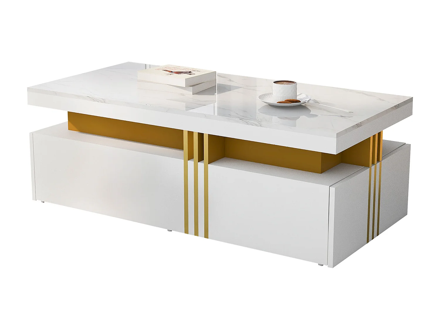 Table basse rectangulaire - Table basse avec 2 tiroirs et plateau brillant - plateau en marbre blanc - pour salon