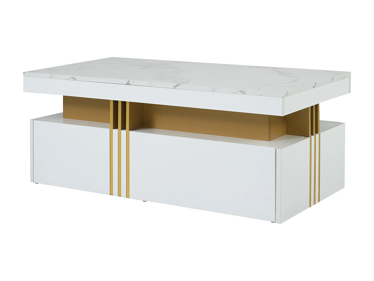 Table basse rectangulaire - Table basse avec 2 tiroirs et plateau brillant - plateau en marbre blanc - pour salon