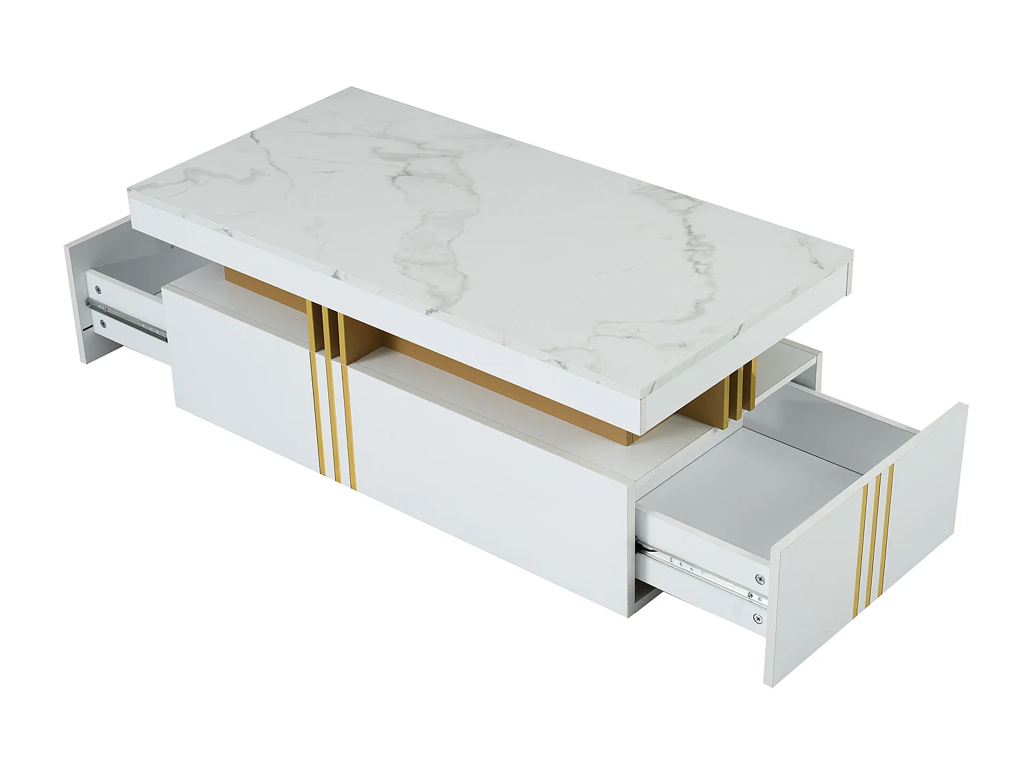 Table basse rectangulaire - Table basse avec 2 tiroirs et plateau brillant - plateau en marbre blanc - pour salon