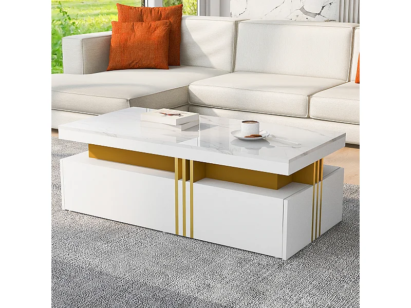 Mesa de centro rectangular - Mesa de centro con 2 cajones y superficie brillante - superficie de mármol blanco - para sala de estar