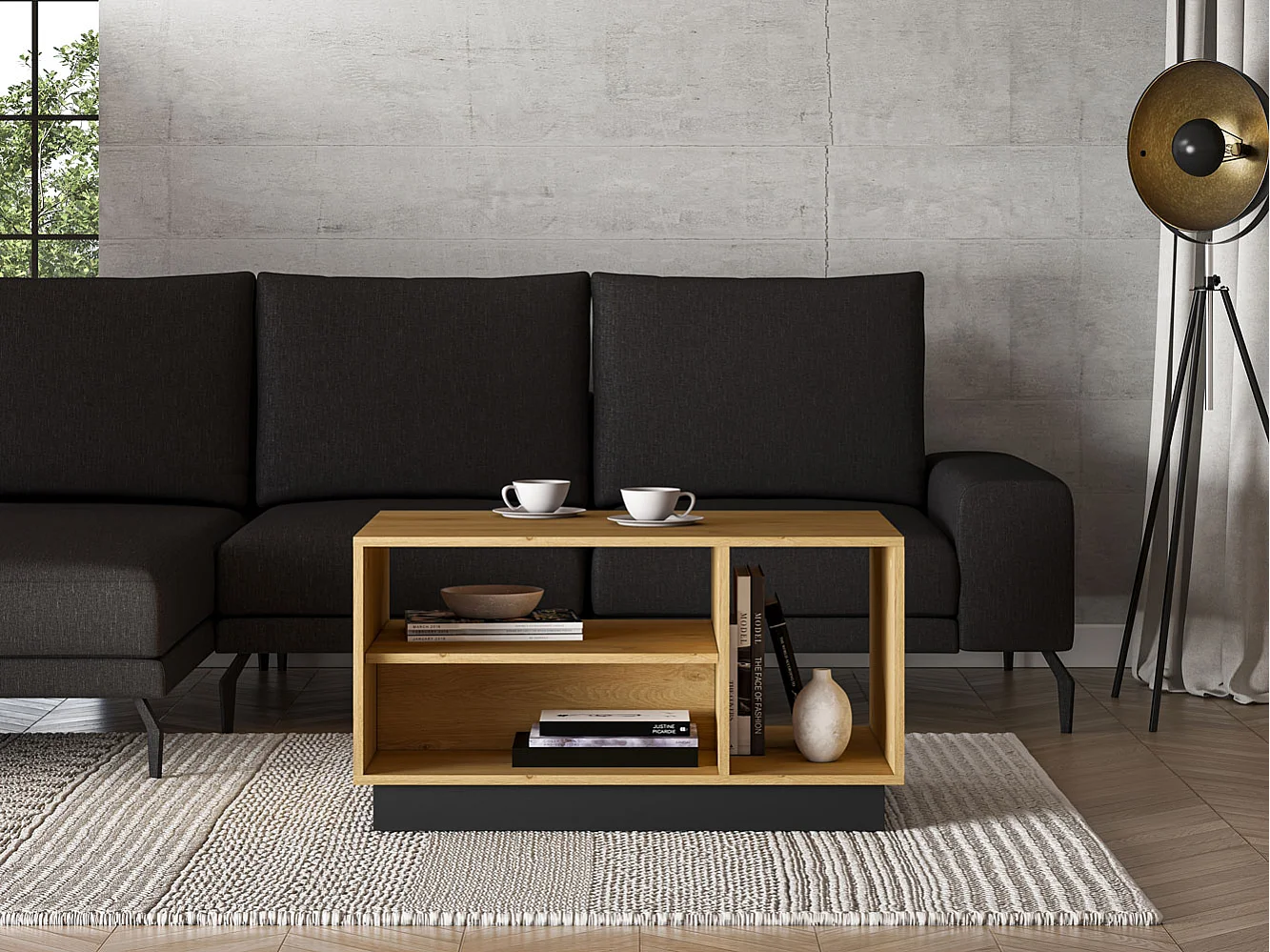 COUCHTISCH Modesto Eiche Style hell / Schwarz 90 / 60 / 49 cm