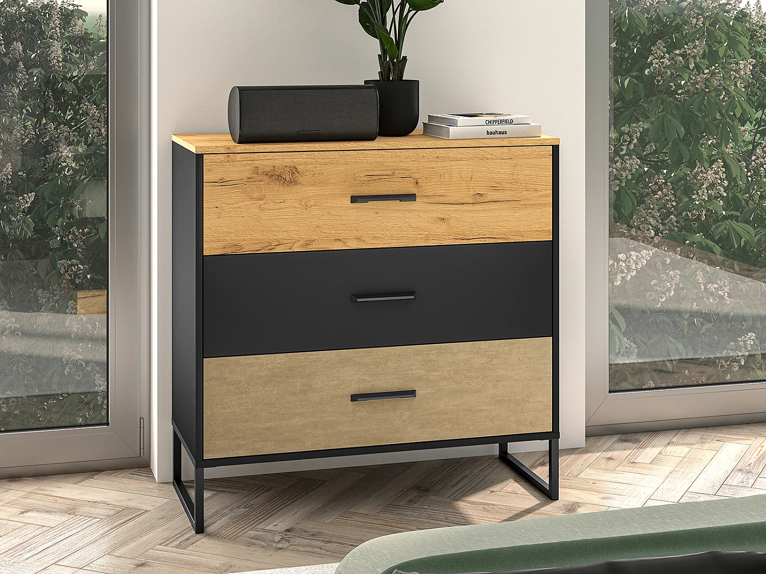 KOMMODE Colt schwarz / Craft Gold Eiche / Premium Steel 92 / 40 / 90cm