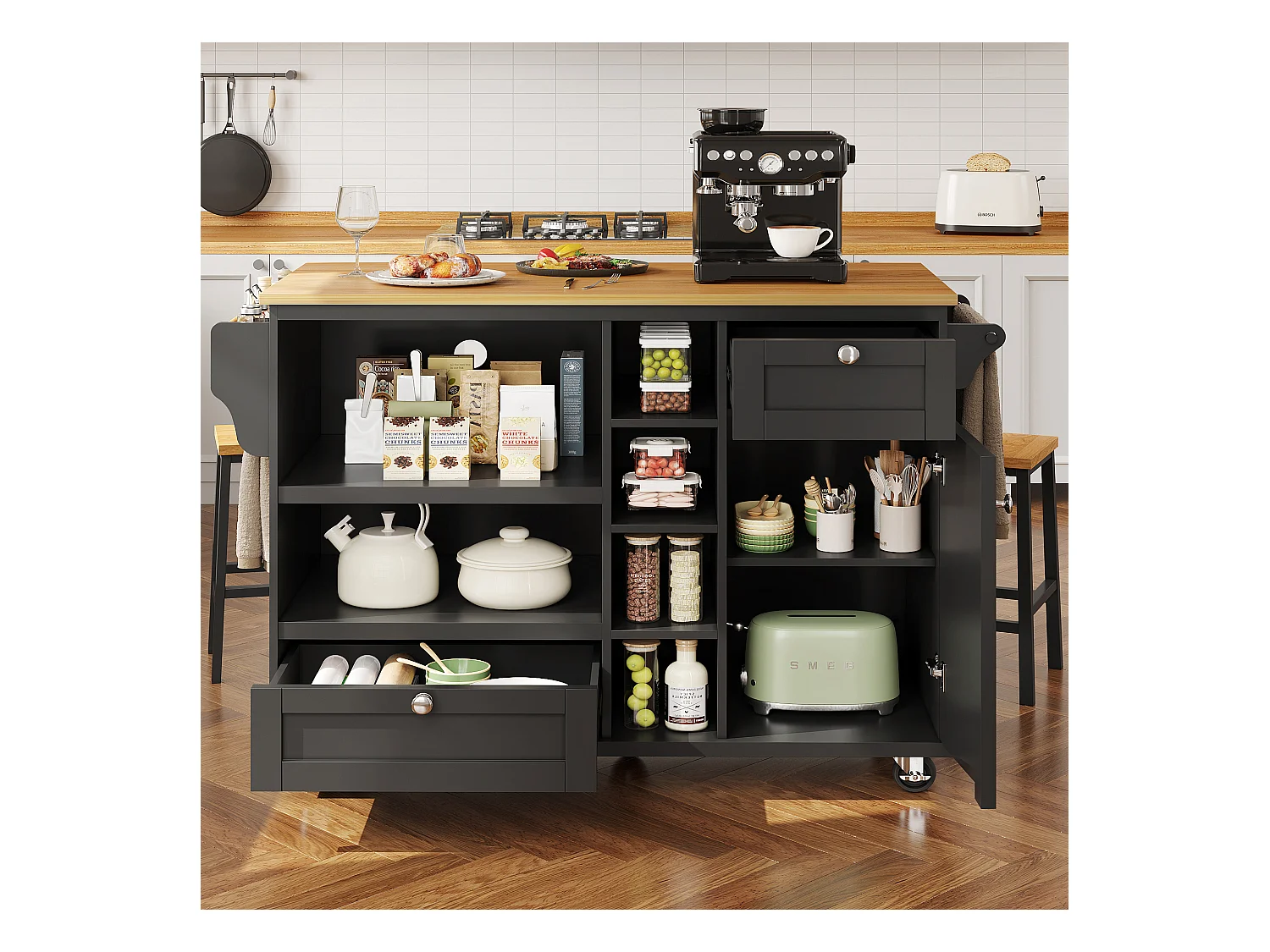 Desserte de cuisine noir - Desserte de cuisine avec 2 tiroirs et 1 porte - rangement ouvert et porte-serviettes - deux modes d'utilisation