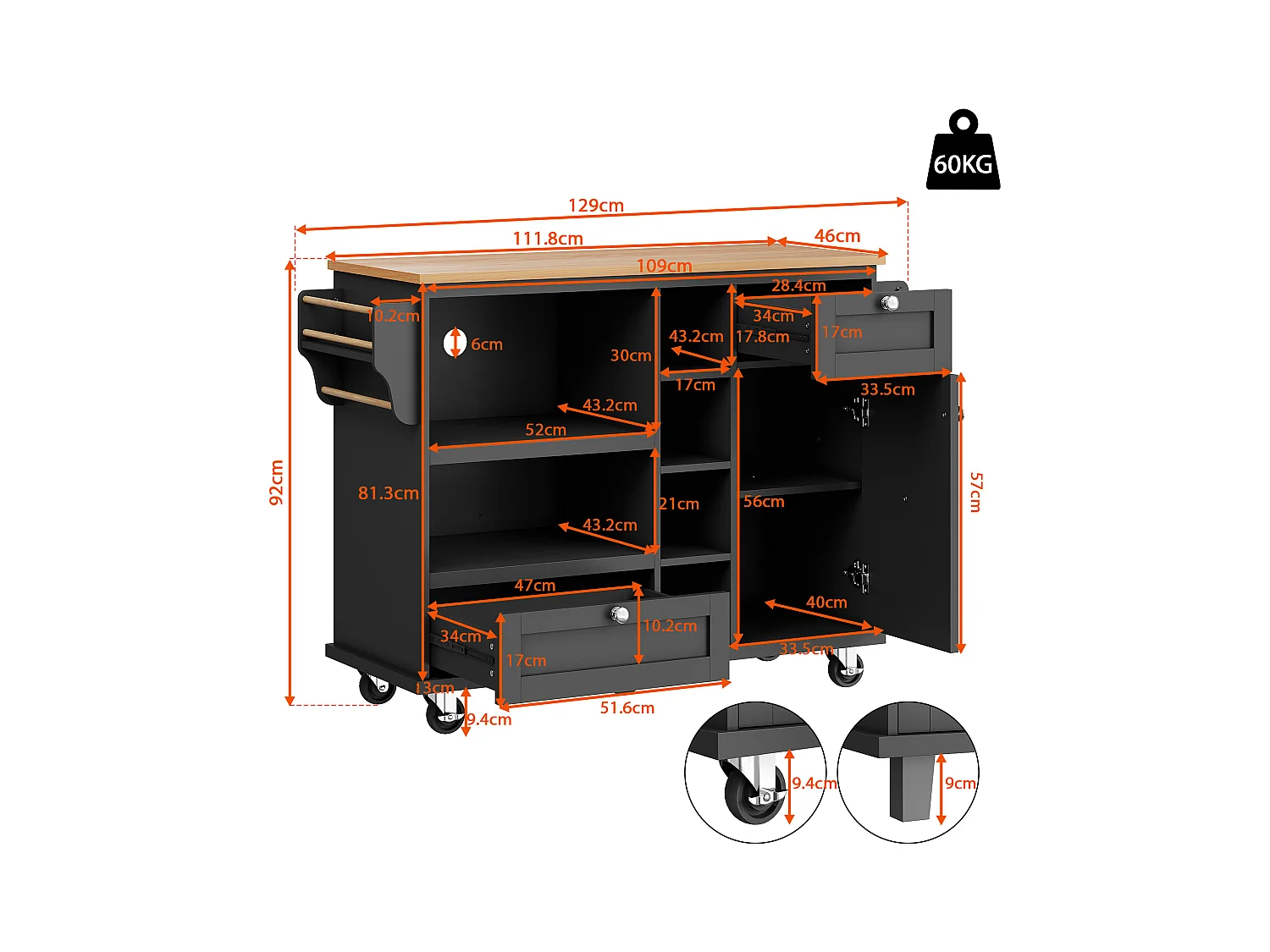 Desserte de cuisine noir - Desserte de cuisine avec 2 tiroirs et 1 porte - rangement ouvert et porte-serviettes - deux modes d'utilisation