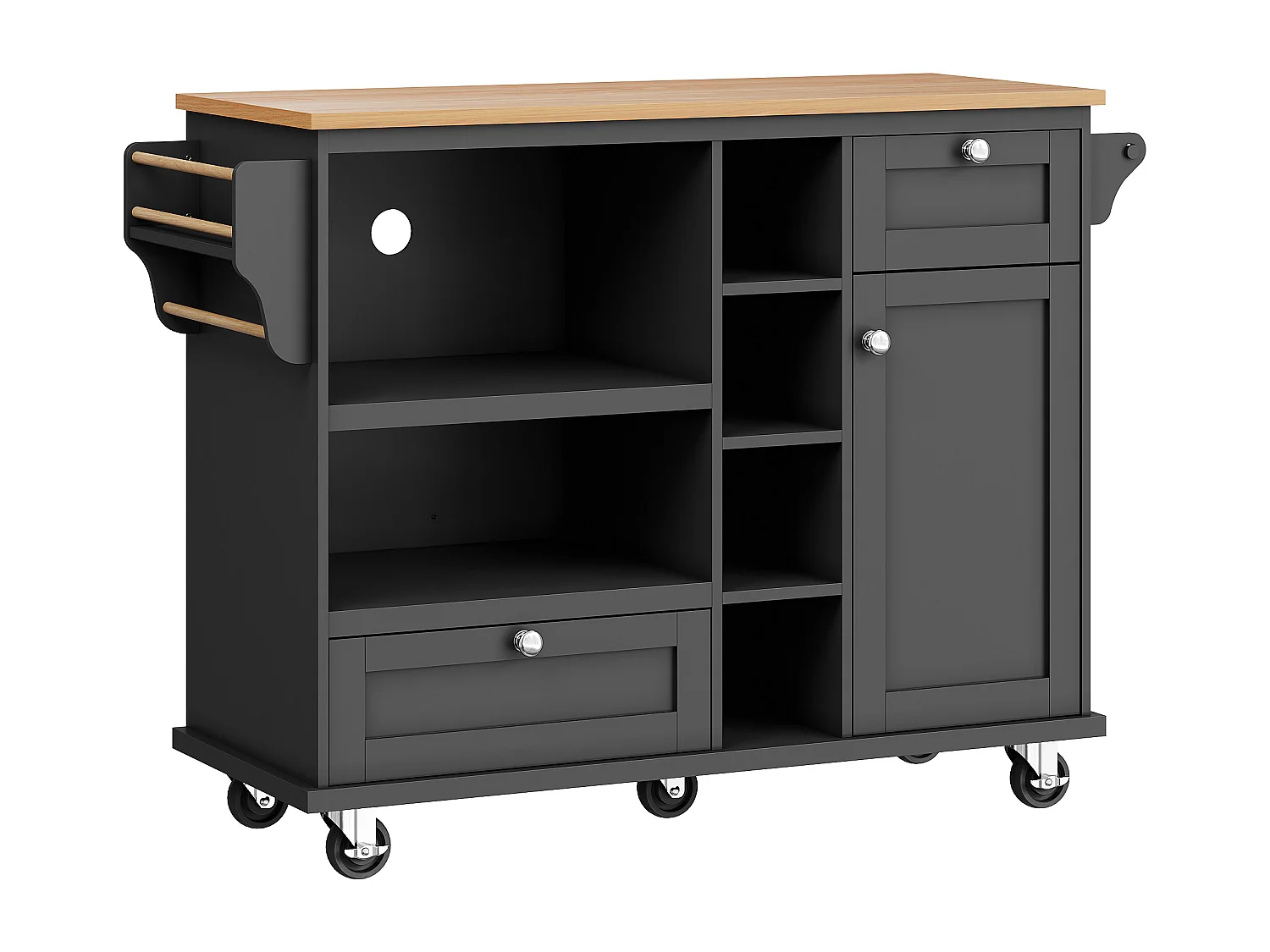 Carrinho de Cozinha Preto - Carrinho de Cozinha com 2 Gavetas e 1 Porta - Arrumação Aberta e Toalheiro - Duas Utilizações