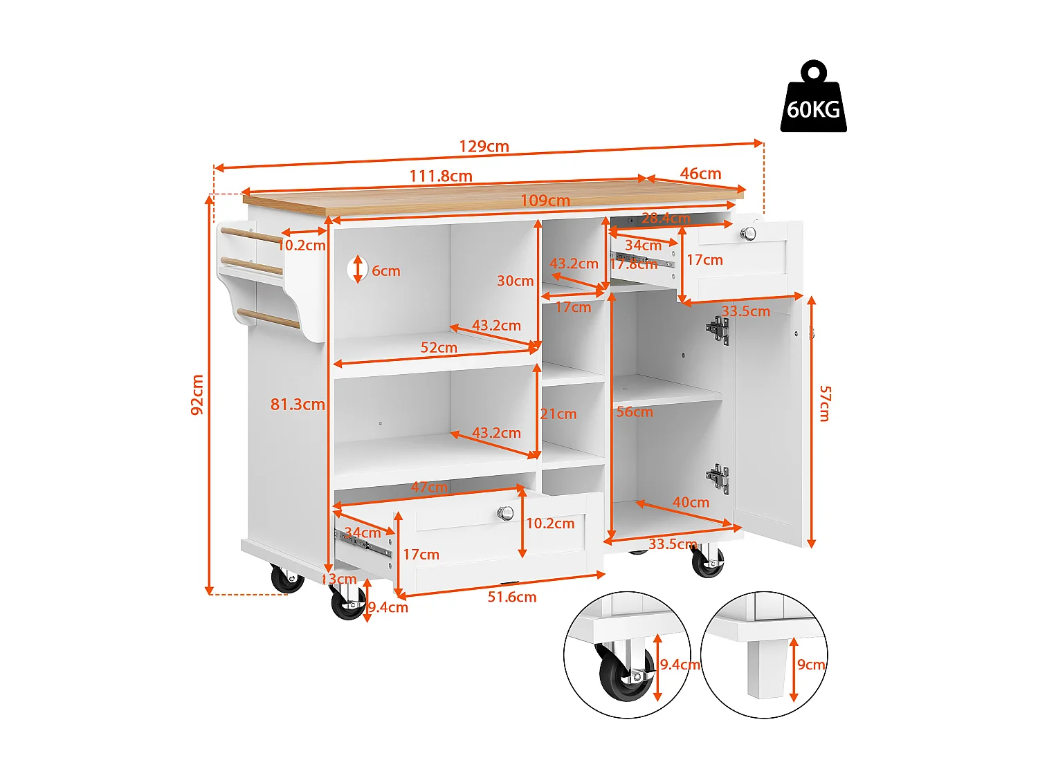 Desserte de cuisine blanche - Desserte de cuisine avec 2 tiroirs et 1 porte - rangement ouvert et porte-serviettes - deux modes d'utilisation