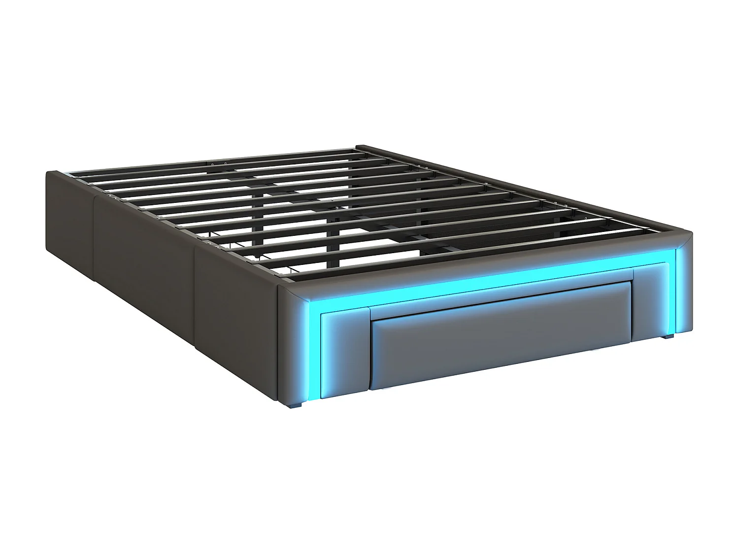 Lit adulte 90X200 cm - Lit simple avec éclairage LED et 2 tiroirs - gris - sans matelas