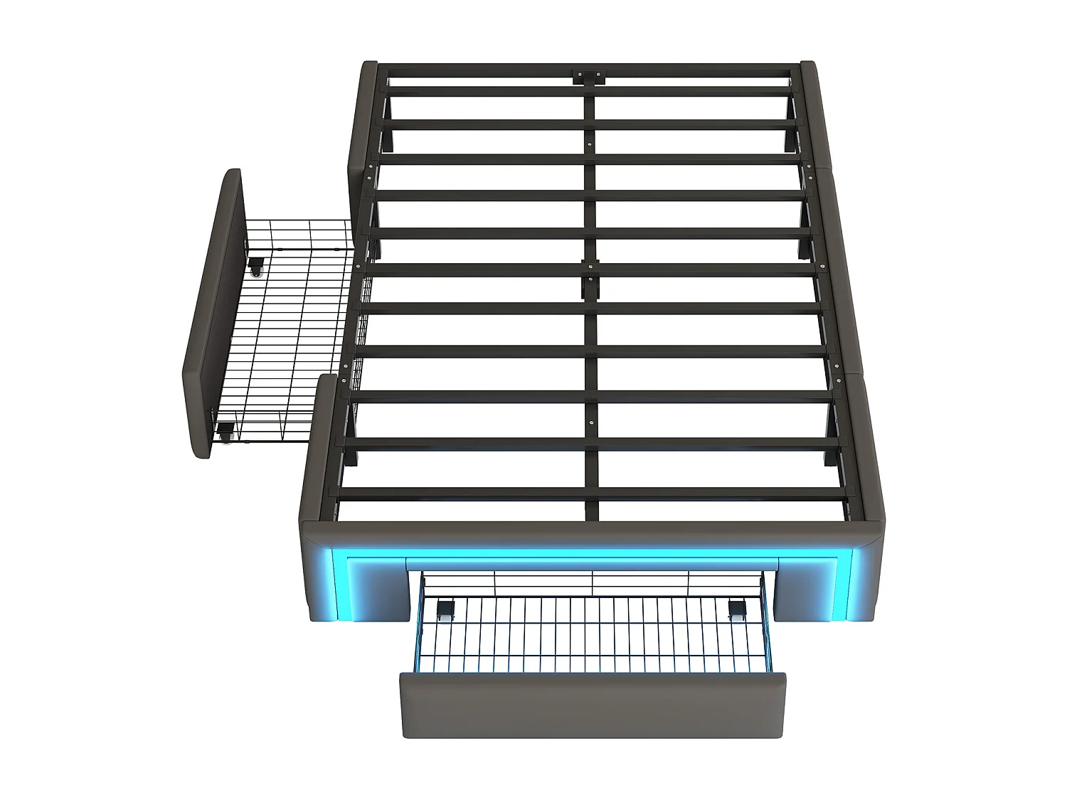 Lit adulte 90X200 cm - Lit simple avec éclairage LED et 2 tiroirs - gris - sans matelas