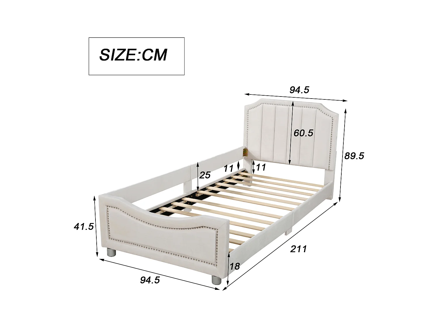 Lit enfant 90x200 cm - Lit simple avec dossier et sommier à lattes - flanelle beige - sans matelas