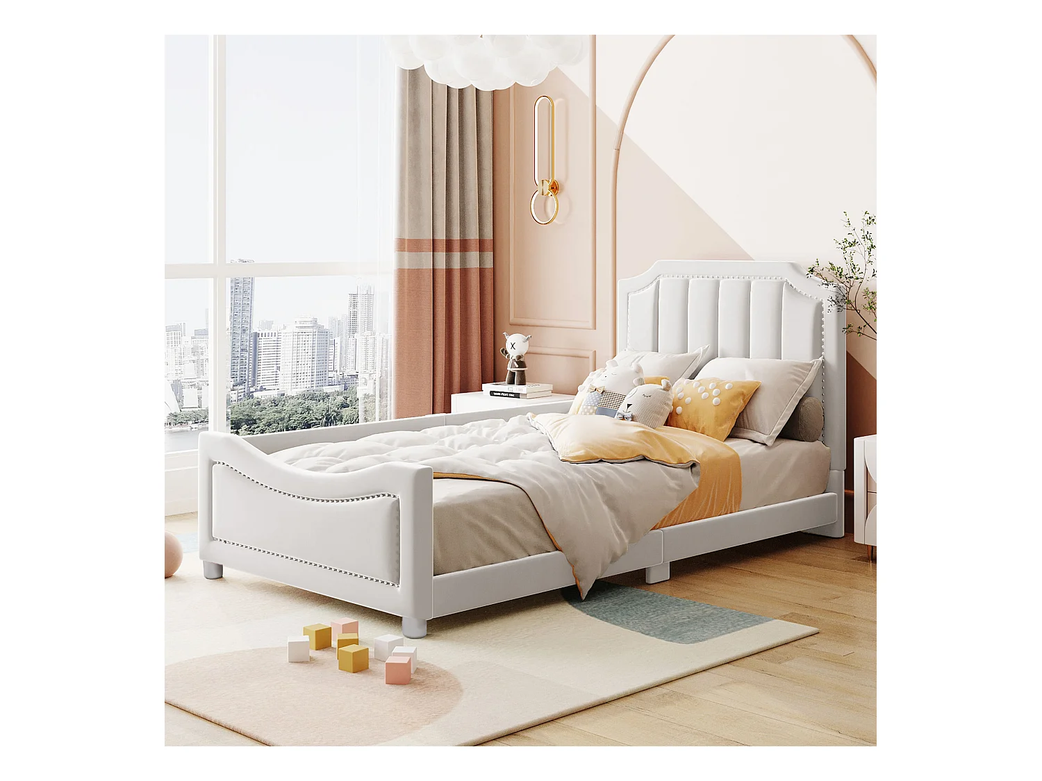 Lit enfant 90x200 cm - Lit simple avec dossier et sommier à lattes - flanelle beige - sans matelas