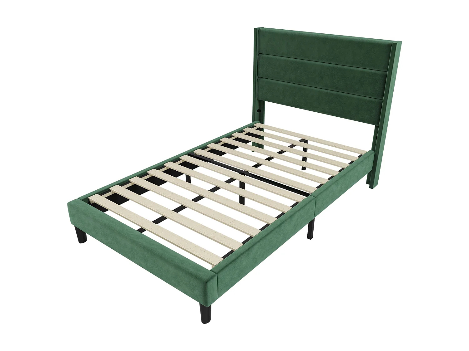 Cama de criança 90 x 200 cm - Cama individual com estrado de ripas e cabeceira - veludo verde - sem colchão
