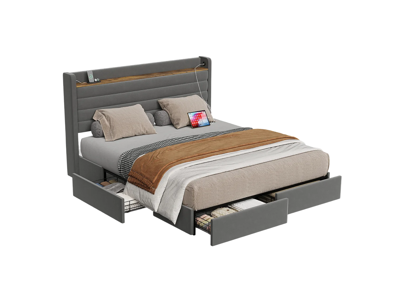 Lit adulte 140x200 cm - Lit double avec chargement USB et 4 tiroirs - velours gris - sans matelas