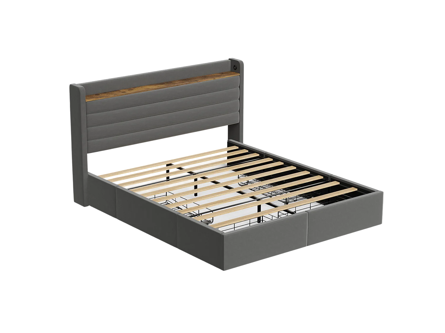 Lit adulte 140x200 cm - Lit double avec chargement USB et 4 tiroirs - velours gris - sans matelas