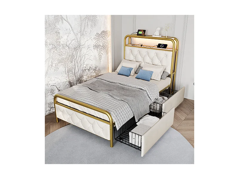 Cama infantil 90x200 cm - Cama individual com carregamento LED e USB - 2 gavetas - veludo branco - sem colchão