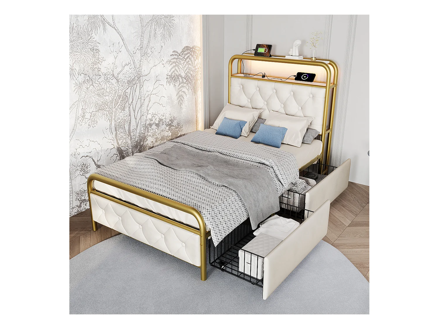 Lit enfant 90x200 cm - Lit simple avec LED et recharge USB - 2 tiroirs - velours blanc - sans matelas