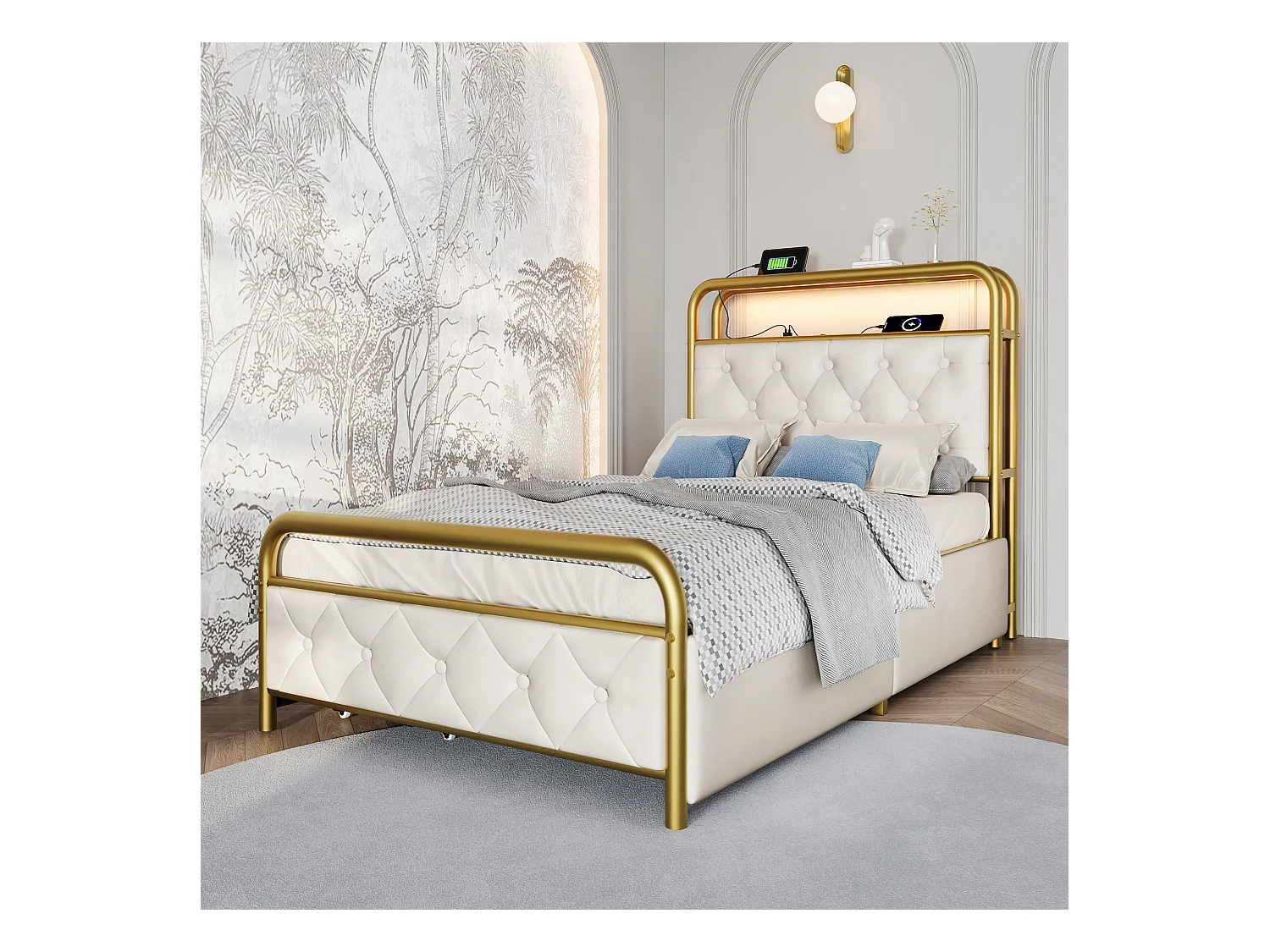 Lit enfant 90x200 cm - Lit simple avec LED et recharge USB - 2 tiroirs - velours blanc - sans matelas