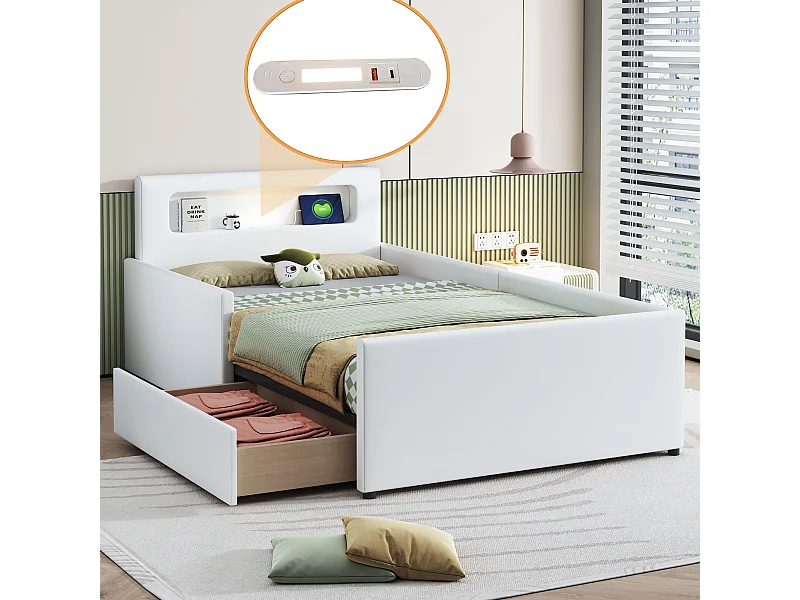 Letto imbottito 90x200 cm - Letto per bambini con illuminazione e ricarica USB - 1 cassetto - Similpelle - bianco