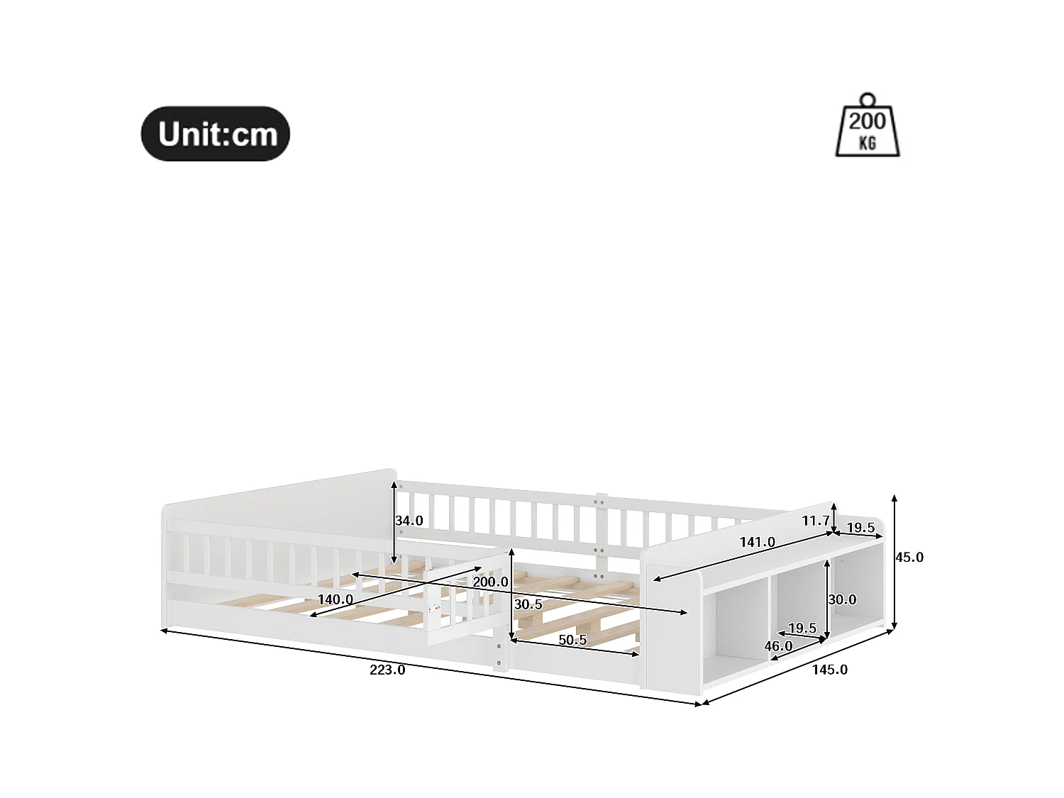 Lit enfant 140 x 200 cm - Lit ado avec rangement ouvert - bois blanc - sans matelas
