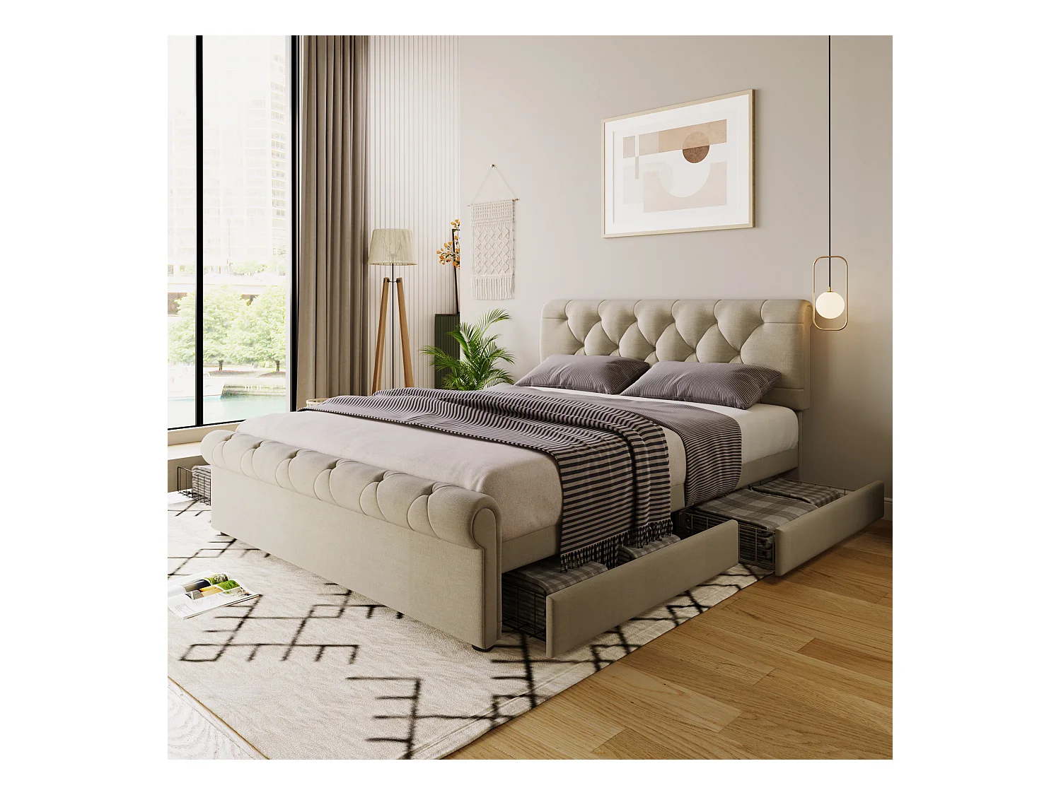Doppelbett 140x200 cm - Bettgestell mit 4 Schubladen und höhenverstellbarem Kopfteil - naturfarbe - ohne Matratze