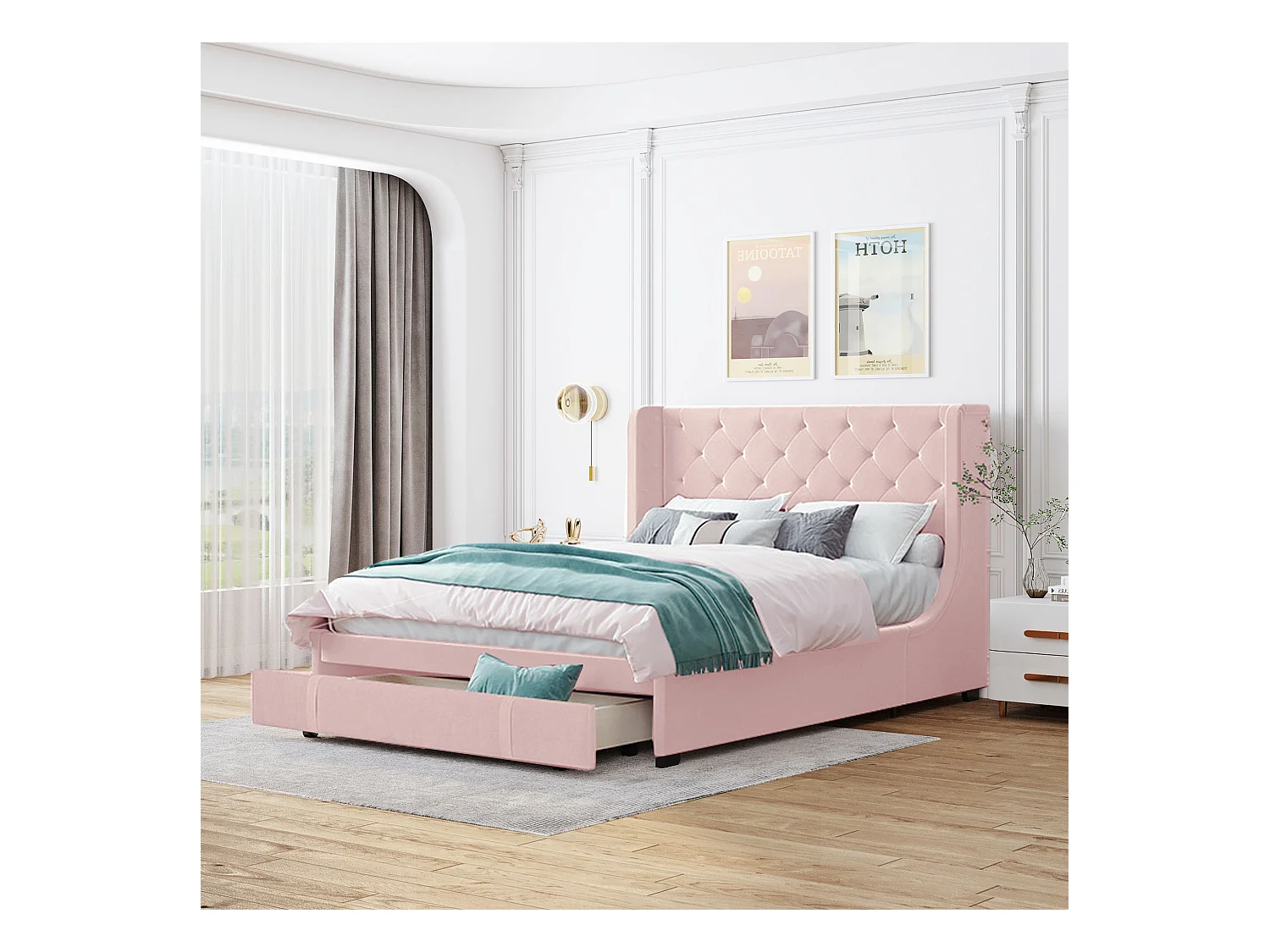 Cama tapizada 140x200 cm - Cama adulto con cajones y somier - Lino rosa - sin colchón