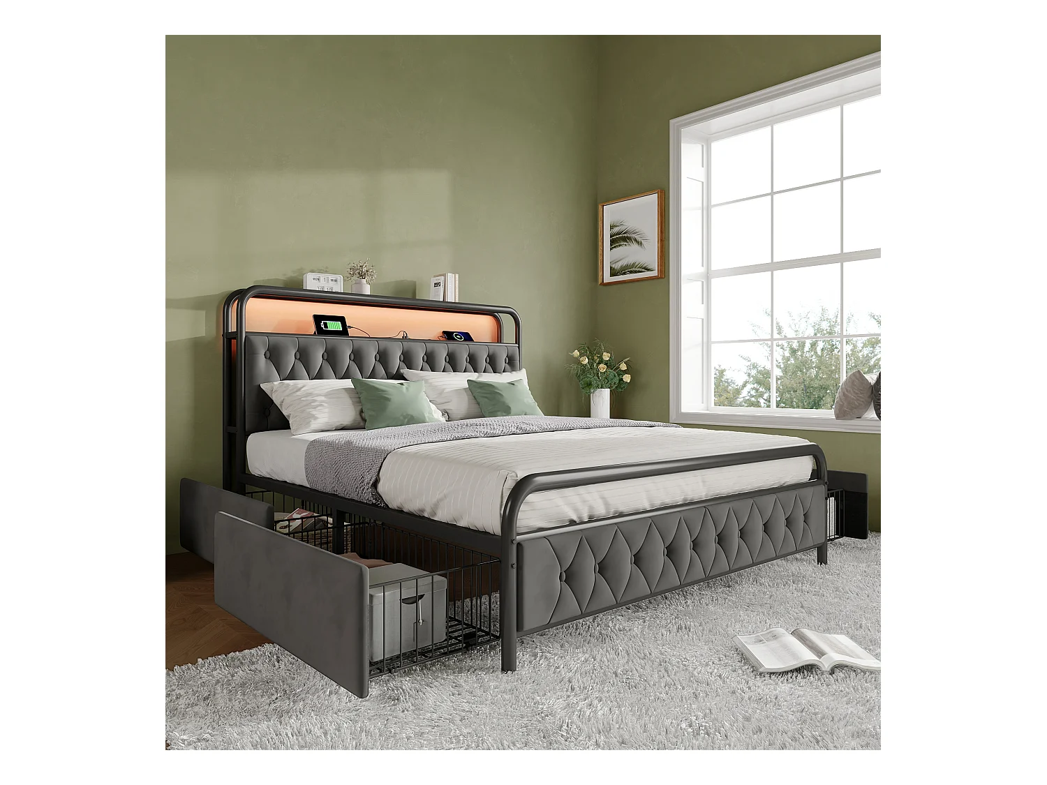 Lit adulte 160x200 cm - Lit double  avec USB et éclairage LED - 4 tiroirs - velours gris - sans matelas