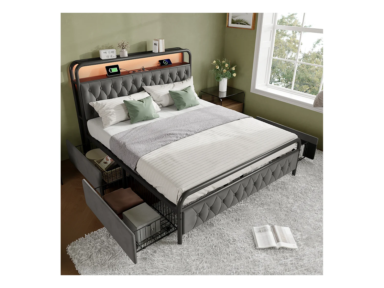 Lit adulte 160x200 cm - Lit double  avec USB et éclairage LED - 4 tiroirs - velours gris - sans matelas