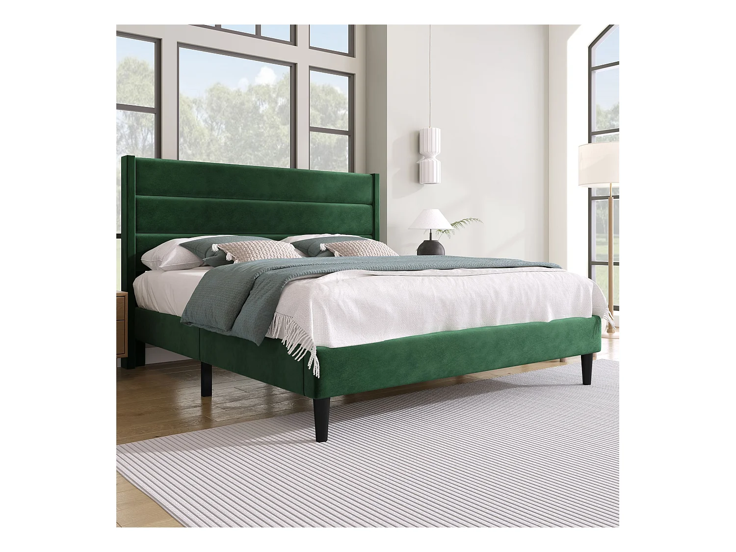 Lit double 140 x 200 cm - Lit adulte avec sommier à lattes et tête de lit - velours vert - sans matelas