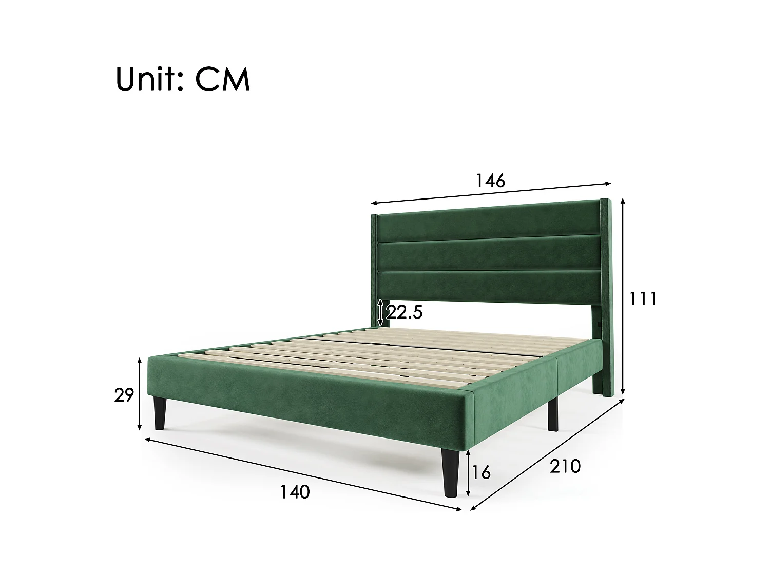 Lit double 140 x 200 cm - Lit adulte avec sommier à lattes et tête de lit - velours vert - sans matelas