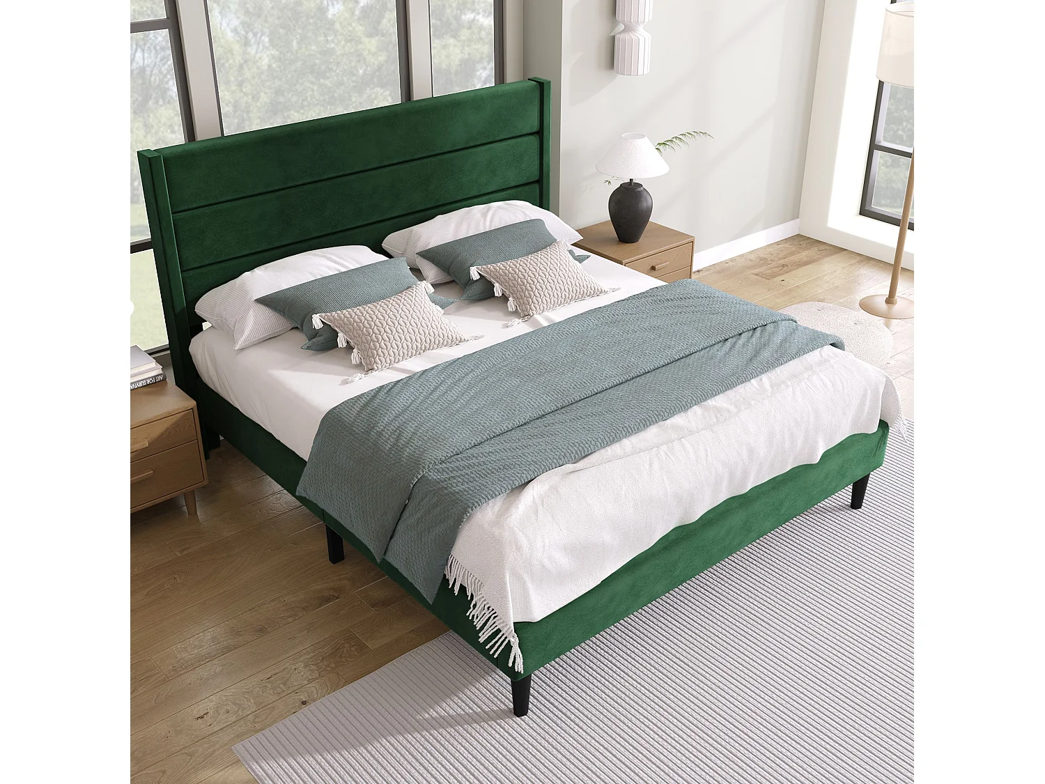 Cama de casal 140 x 200 cm - Cama de adulto com estrado de ripas e cabeceira - veludo verde - sem colchão