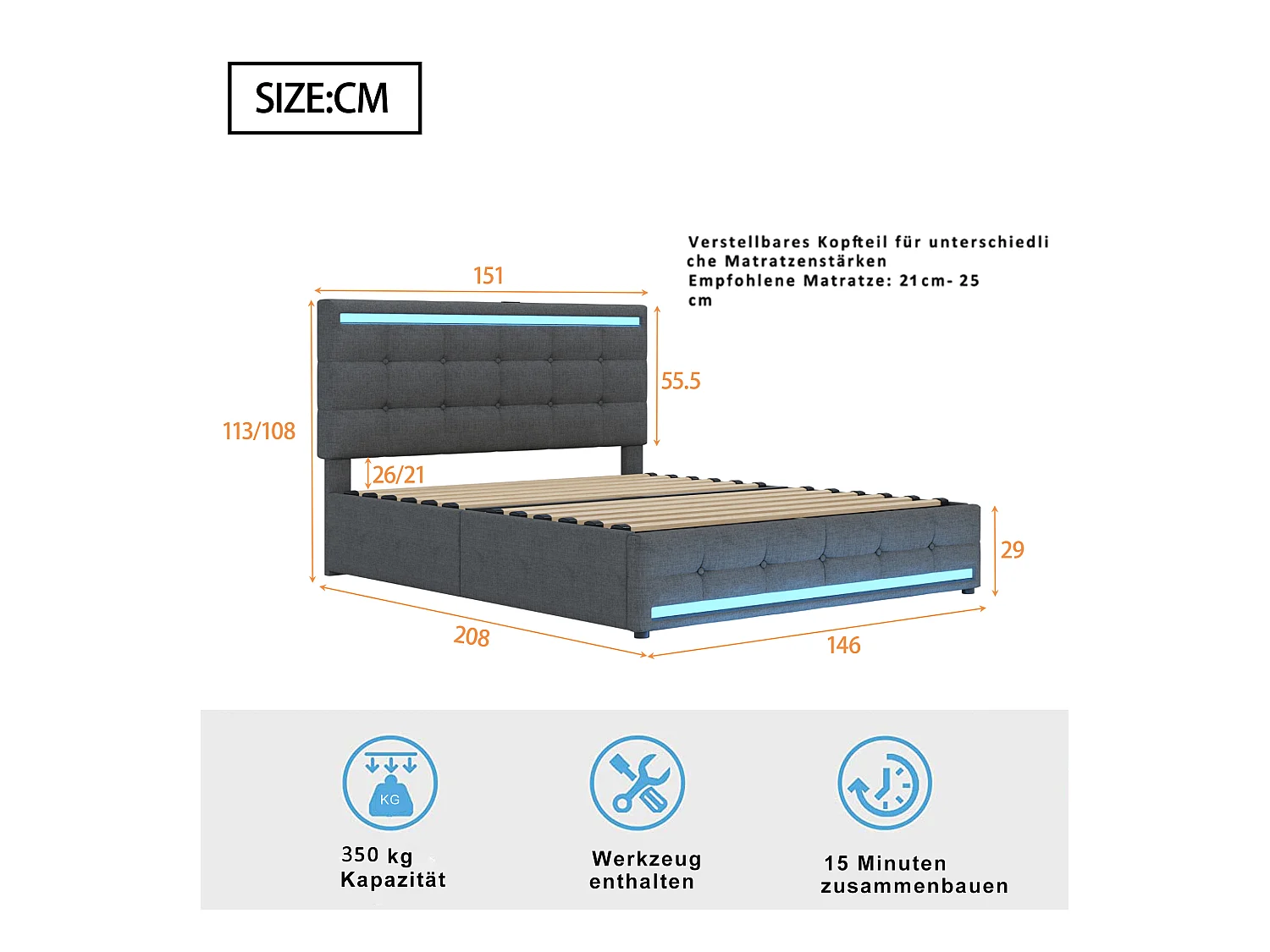 Lit adulte140x200 cm - Lit double avec éclairage LED et recharge USB - 4 tiroirs - lin gris - sans matelas