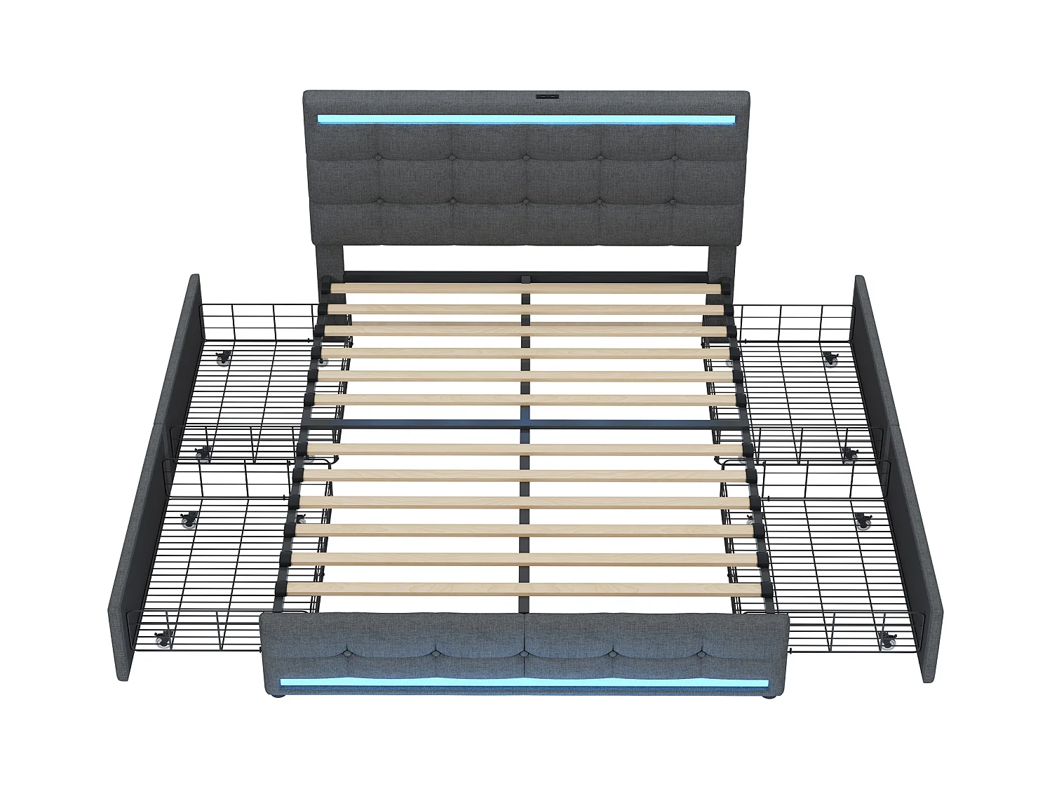 Lit adulte140x200 cm - Lit double avec éclairage LED et recharge USB - 4 tiroirs - lin gris - sans matelas