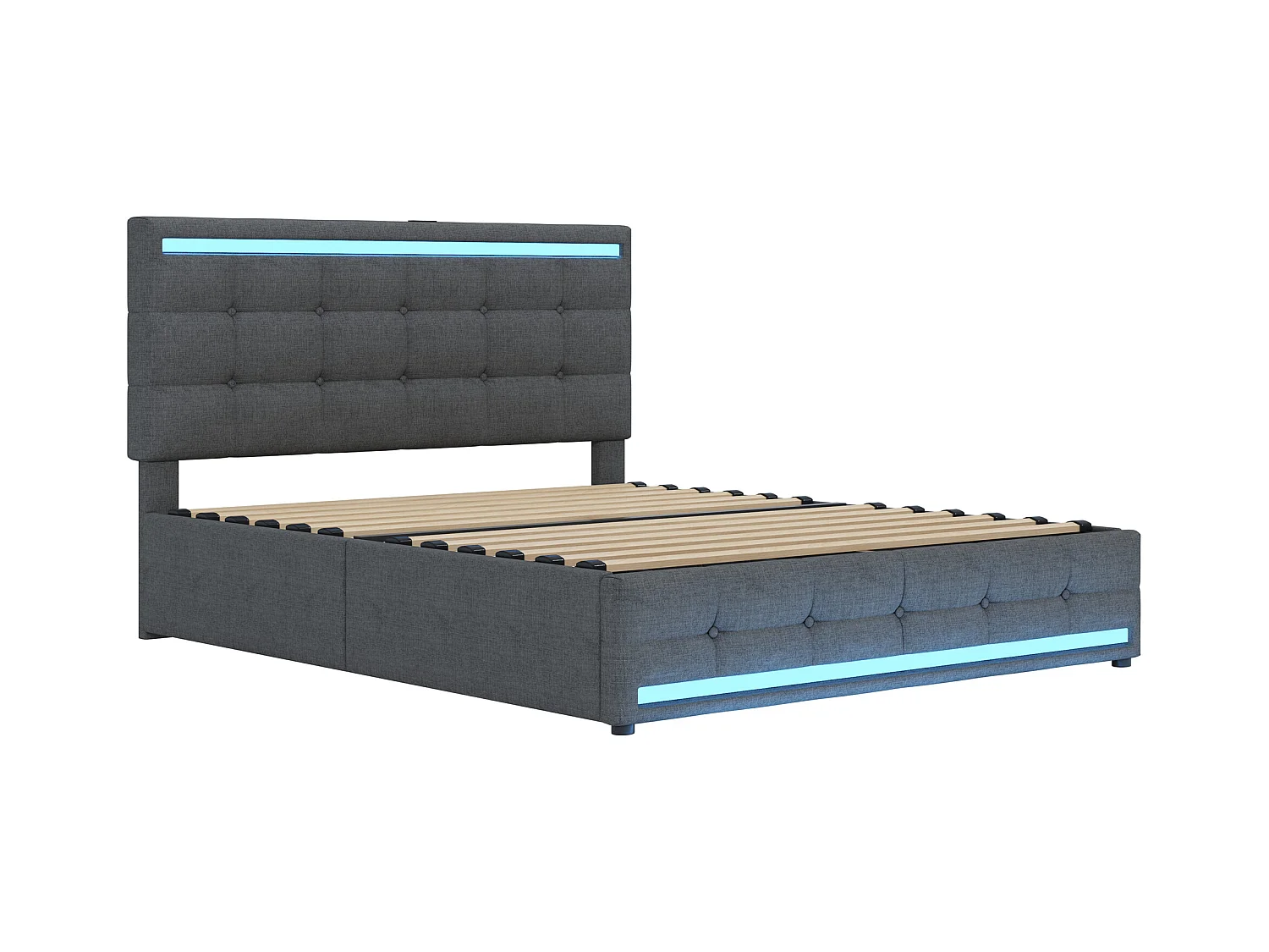Lit adulte140x200 cm - Lit double avec éclairage LED et recharge USB - 4 tiroirs - lin gris - sans matelas