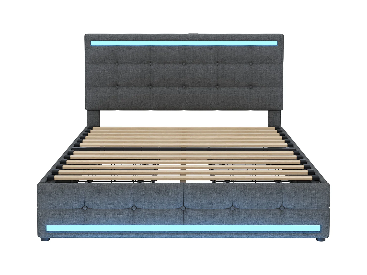 Lit adulte140x200 cm - Lit double avec éclairage LED et recharge USB - 4 tiroirs - lin gris - sans matelas