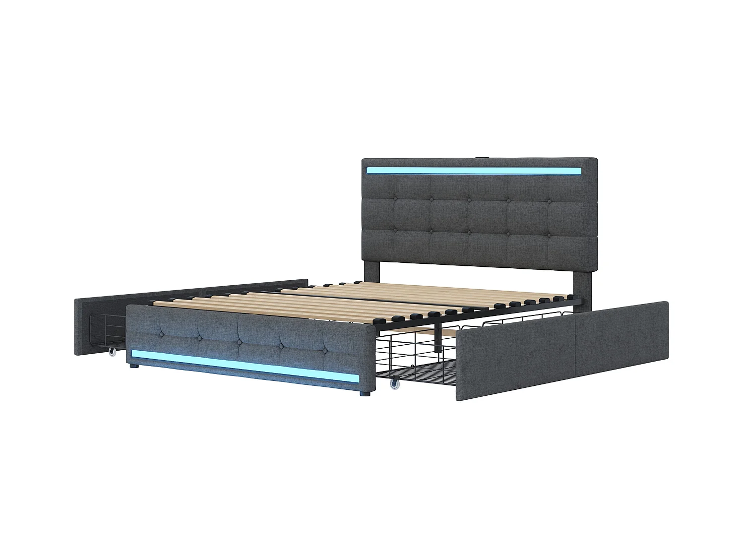 Lit adulte140x200 cm - Lit double avec éclairage LED et recharge USB - 4 tiroirs - lin gris - sans matelas