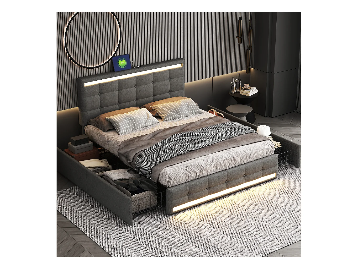 Cama tapizada 140x200 cm - Cama adulto con iluminación LED y carga USB - 4 cajones - lino gris - sin colchón