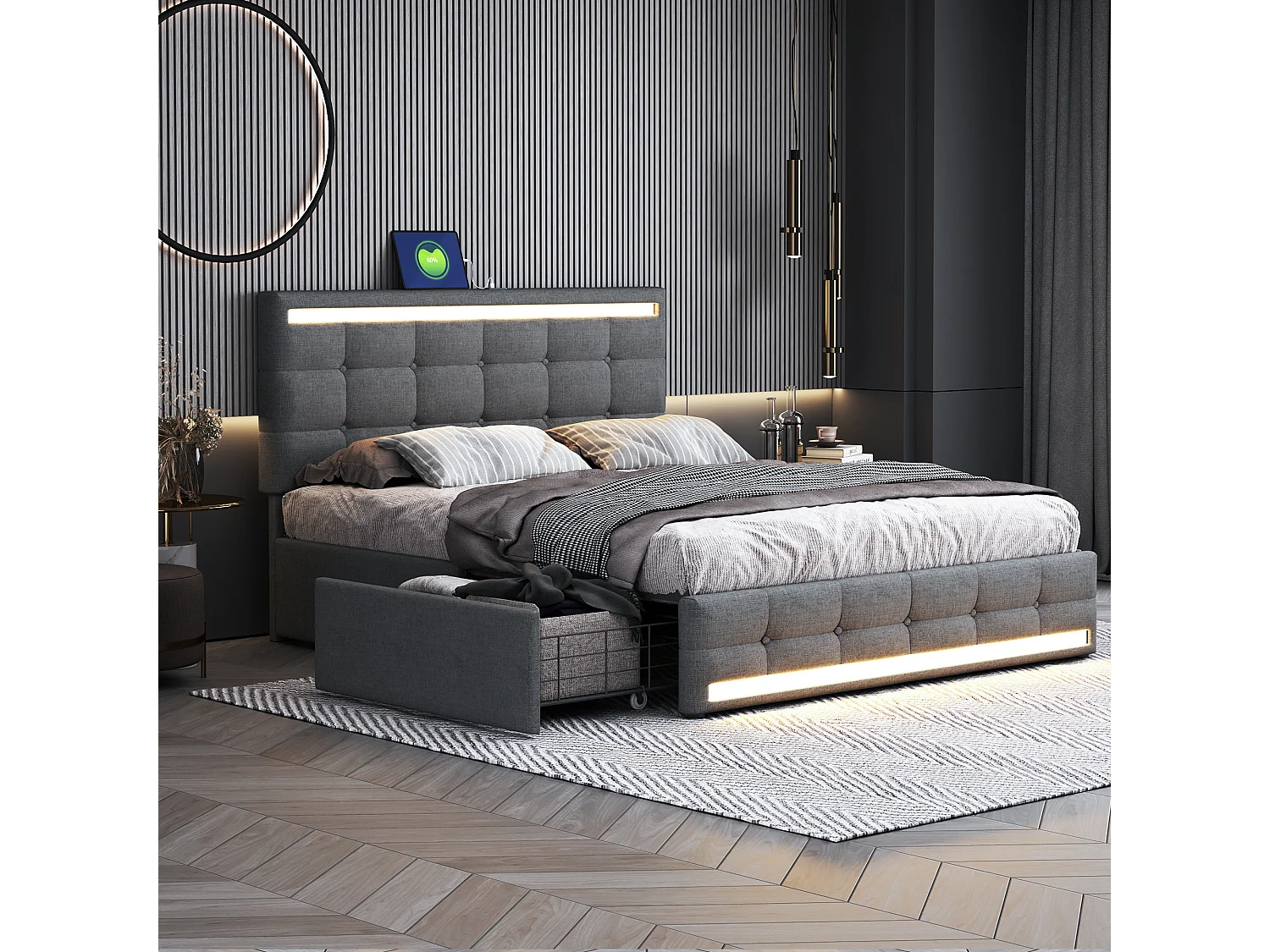 Lit adulte140x200 cm - Lit double avec éclairage LED et recharge USB - 4 tiroirs - lin gris - sans matelas