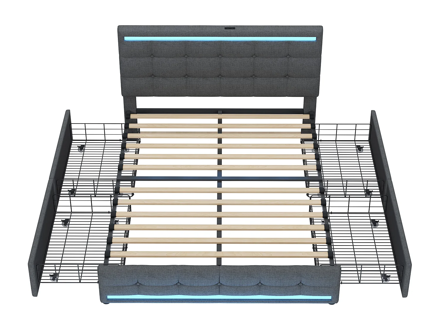 Lit adulte140x200 cm - Lit double avec éclairage LED et recharge USB - 4 tiroirs - lin gris - sans matelas