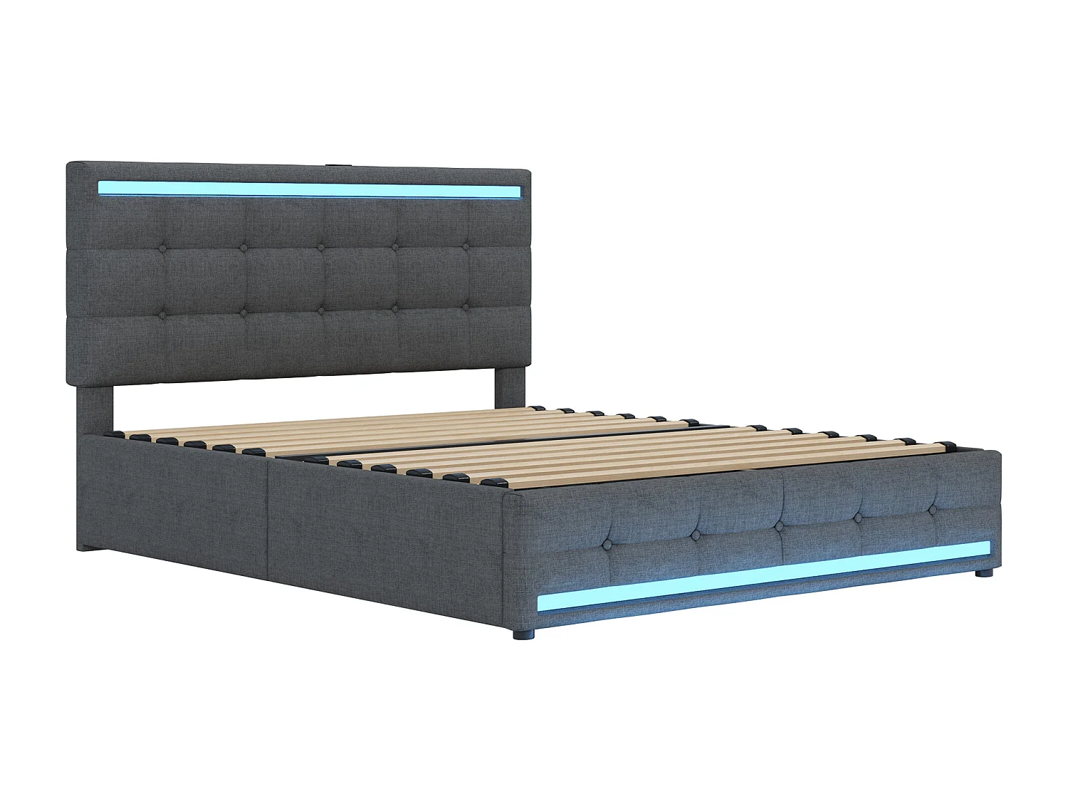 Lit adulte140x200 cm - Lit double avec éclairage LED et recharge USB - 4 tiroirs - lin gris - sans matelas