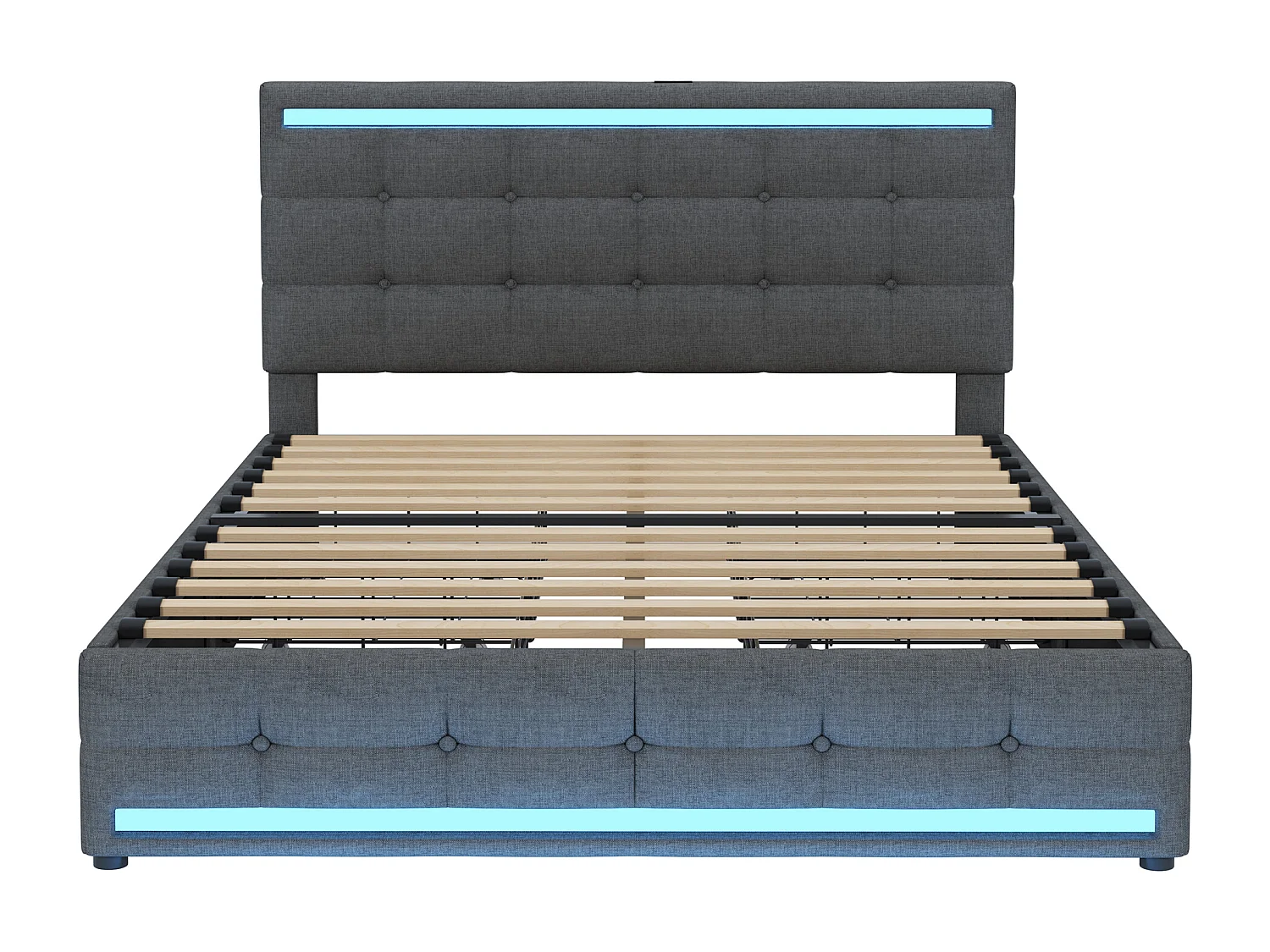 Lit adulte140x200 cm - Lit double avec éclairage LED et recharge USB - 4 tiroirs - lin gris - sans matelas