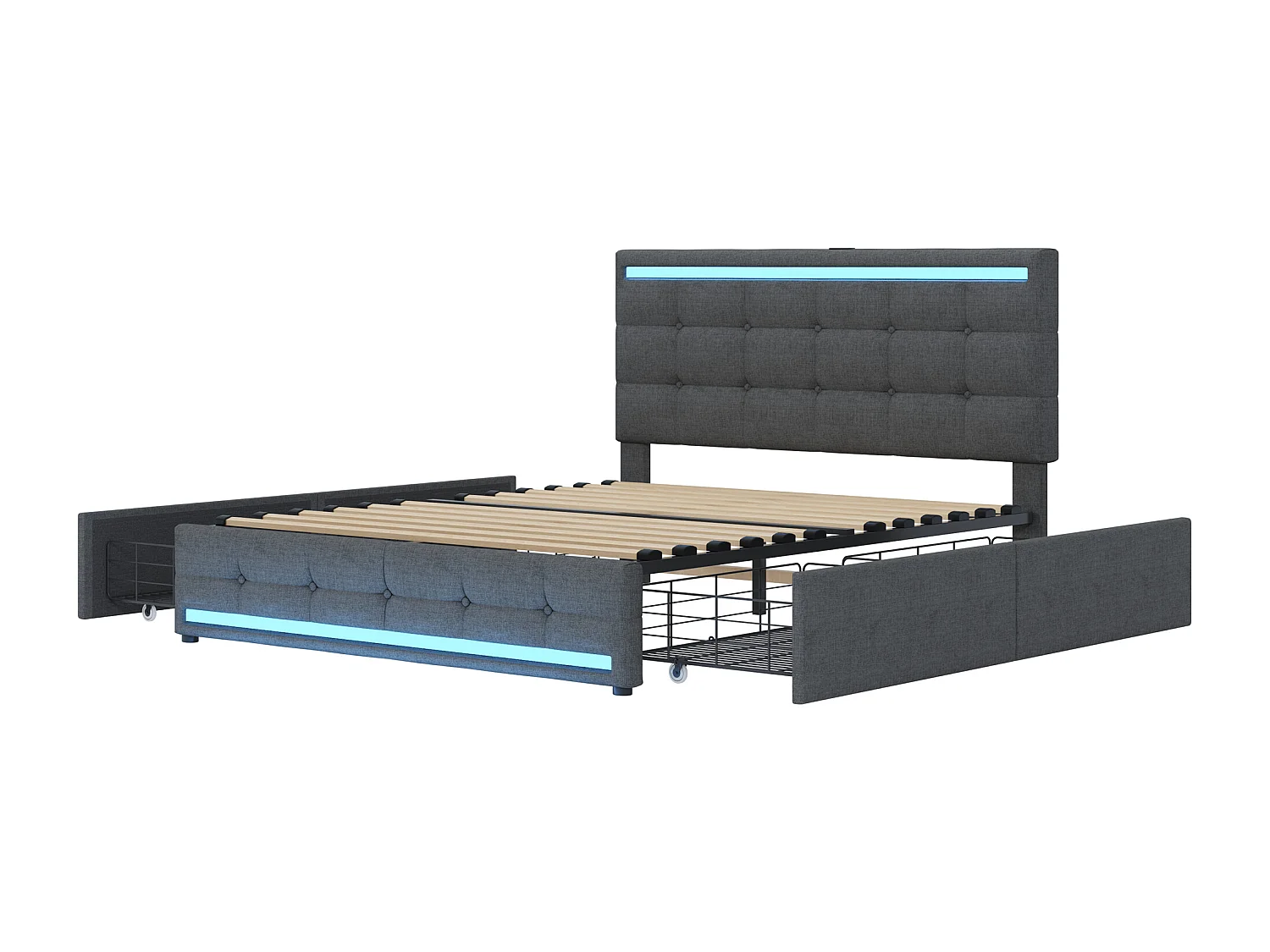 Lit adulte140x200 cm - Lit double avec éclairage LED et recharge USB - 4 tiroirs - lin gris - sans matelas