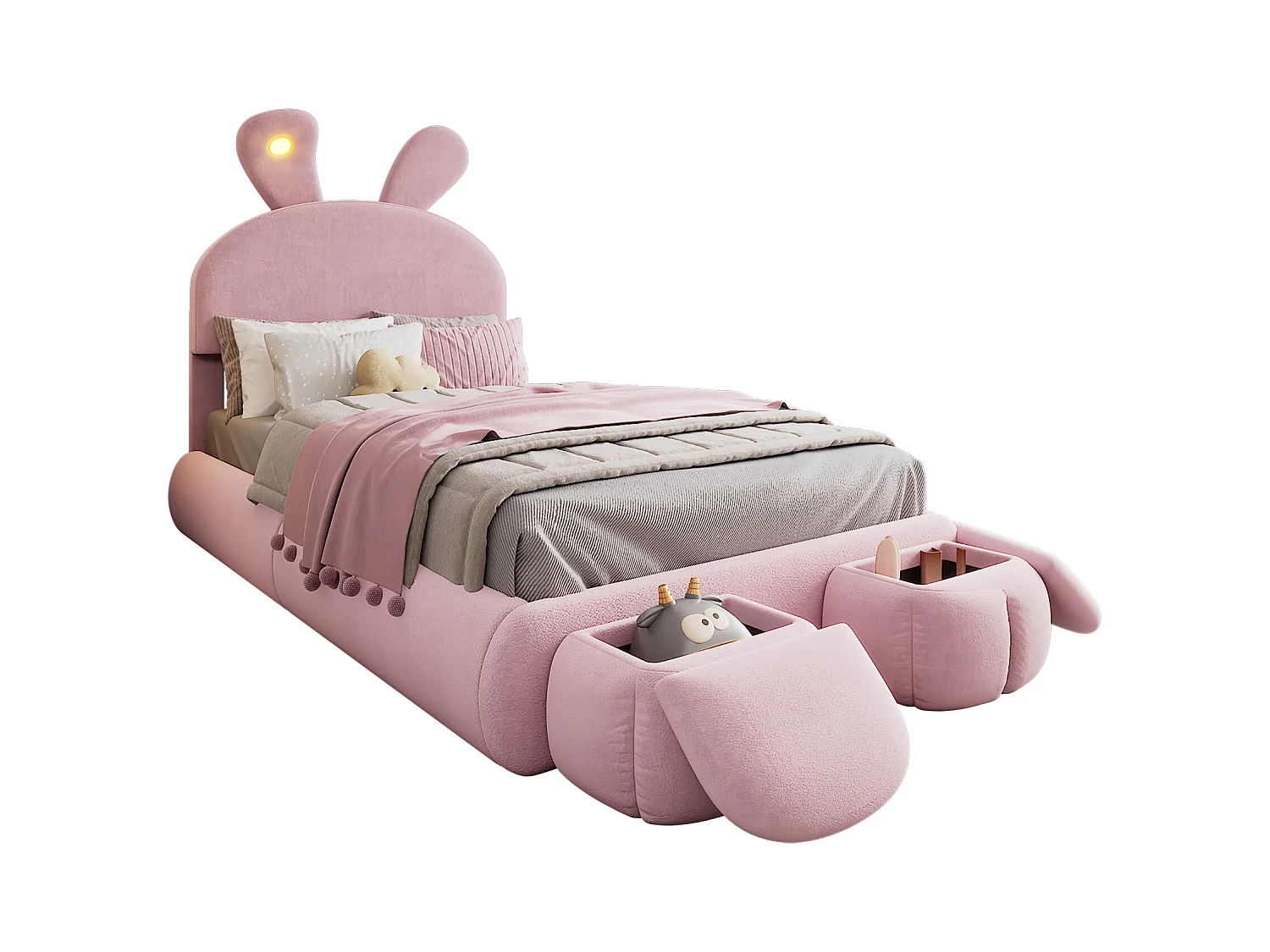 Einzelbett 90x200 cm - Kinderbett mit zwei Stauraumbänken und warmer Lichtleiste - rosa samt - ohne matratze