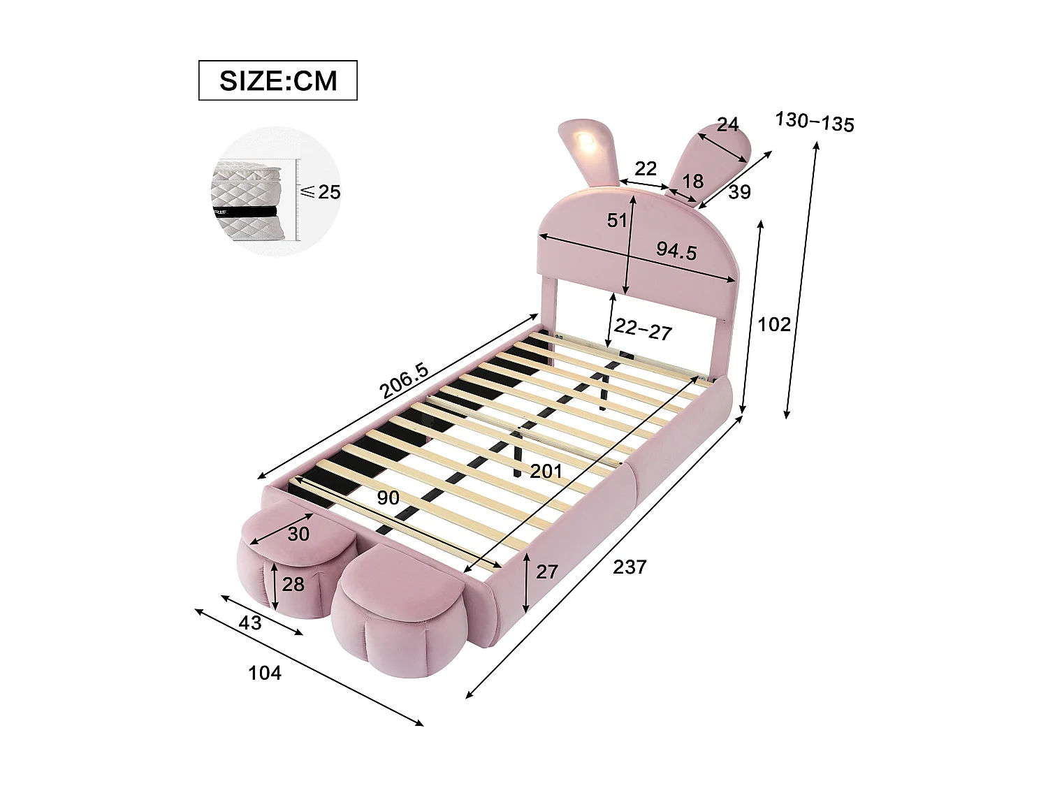 Letto singolo 90x200 cm - Letto per bambini con due panche contenitore e fascia luminosa calda - velluto rosa - senza materasso