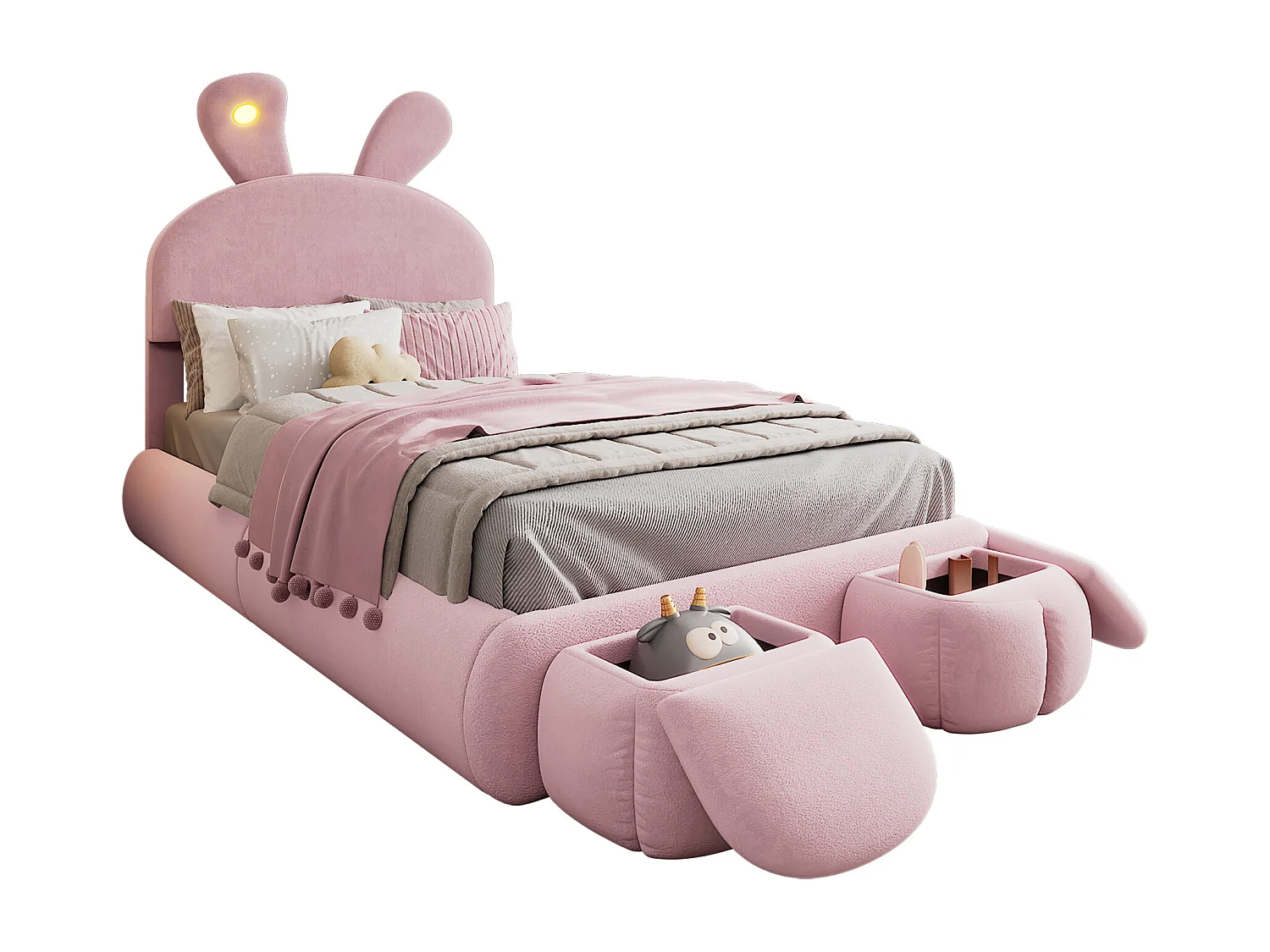 Letto singolo 90x200 cm - Letto per bambini con due panche contenitore e fascia luminosa calda - velluto rosa - senza materasso