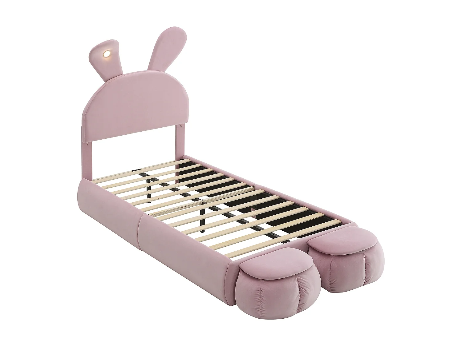 Letto singolo 90x200 cm - Letto per bambini con due panche contenitore e fascia luminosa calda - velluto rosa - senza materasso