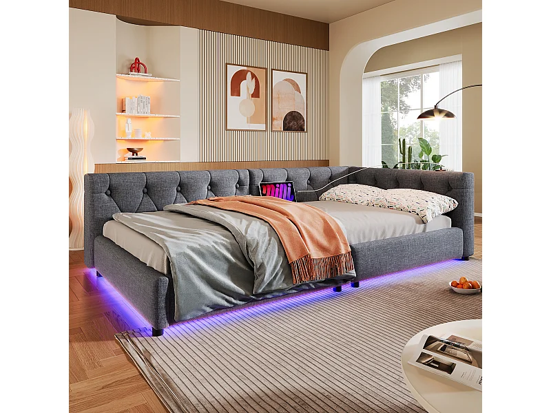 Lit enfant 90x200 cm - Canapé-lit avec éclairage LED et recharge USB - lin gris - sans matelas
