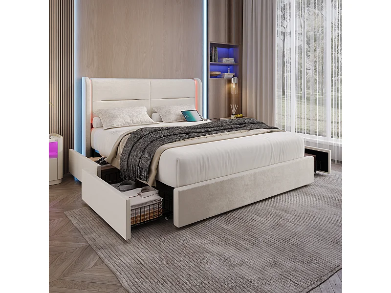 Letto imbottito 140x200 cm - Letto per adulti con USB e illuminazione LED - 4 cassetti - velluto beige - senza materasso