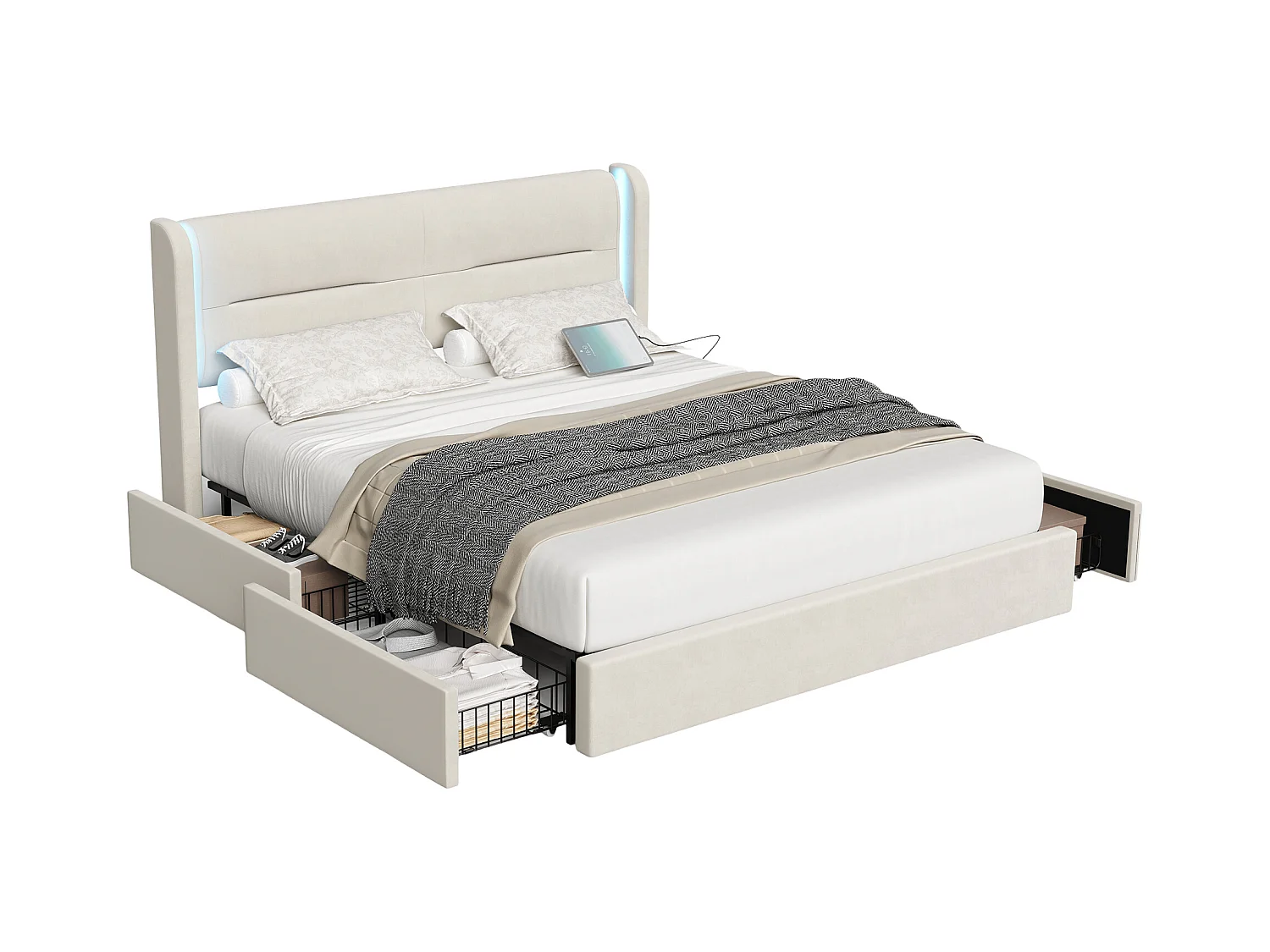 Lit adulte 140x200 cm - Lit double avec USB et éclairage LED - 4 tiroirs - velours beige - sans matelas