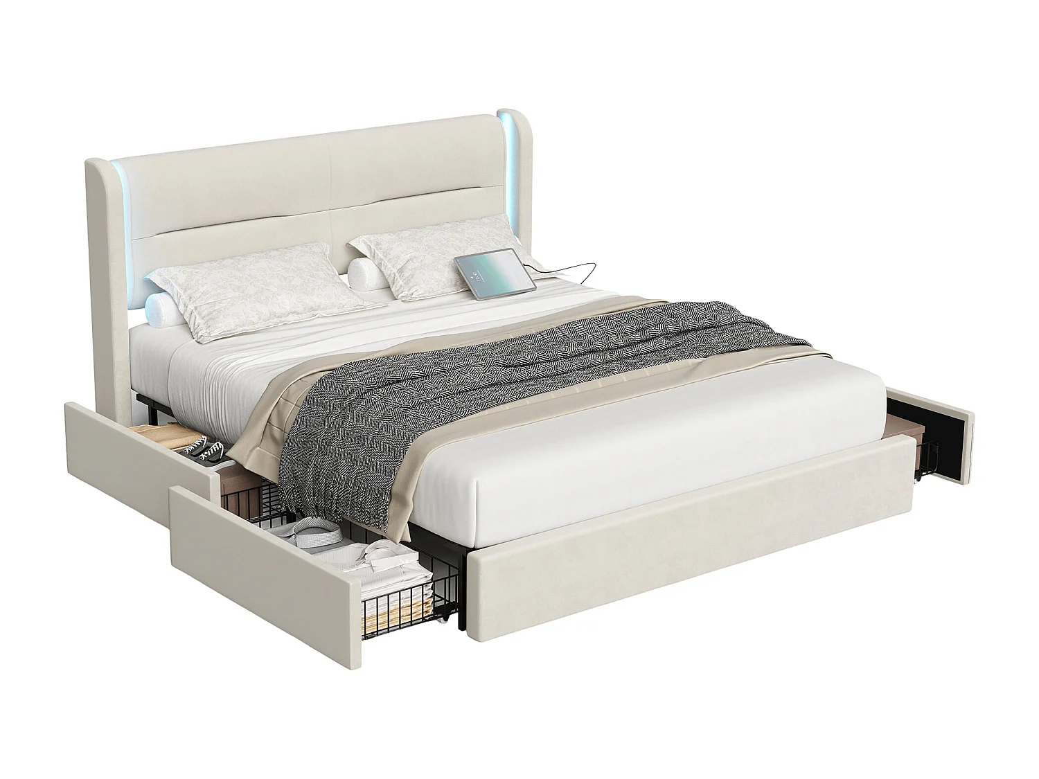 Lit adulte 140x200 cm - Lit double avec USB et éclairage LED - 4 tiroirs - velours beige - sans matelas
