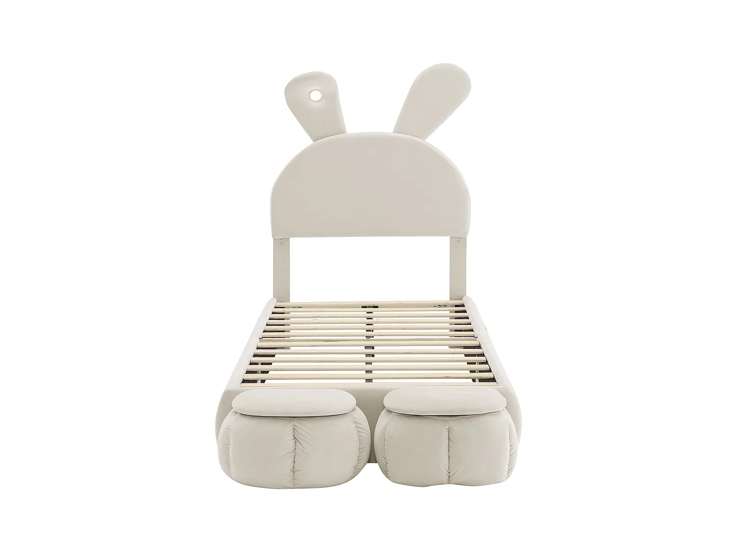 Cama individual 90x200 cm - Cama infantil con dos bancos con almacenaje y banda de luz cálida - terciopelo beige - sin colchón